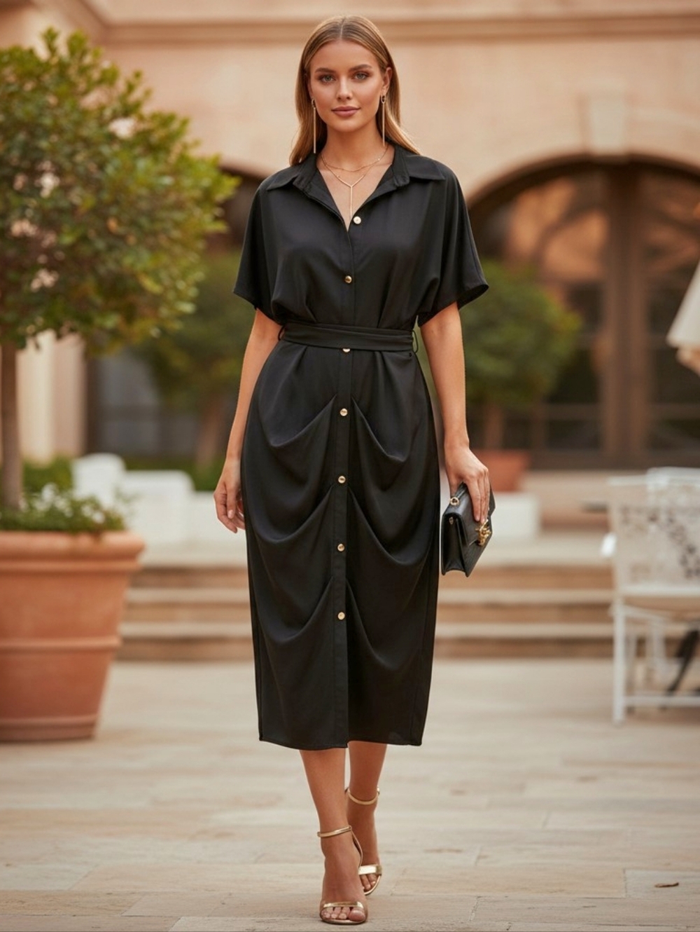 GIBIU Black Midi Shirt Dress 3X | Ruched Front Button Down | Elegant Belted Dres